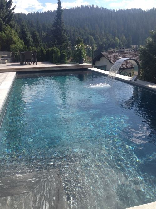 Pool mit Schwallbrause vor Wald